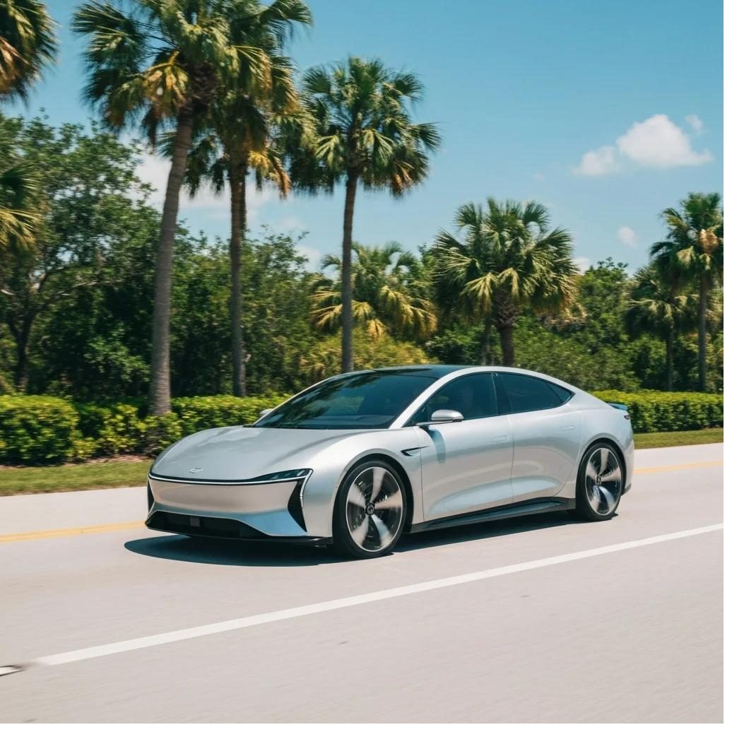 A car on a palm-lined Florida road