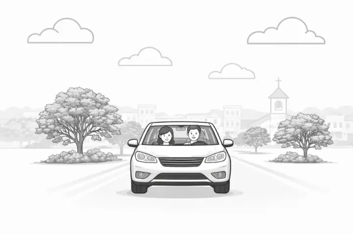 Couple driving a car through a small-town community with trees and local buildings