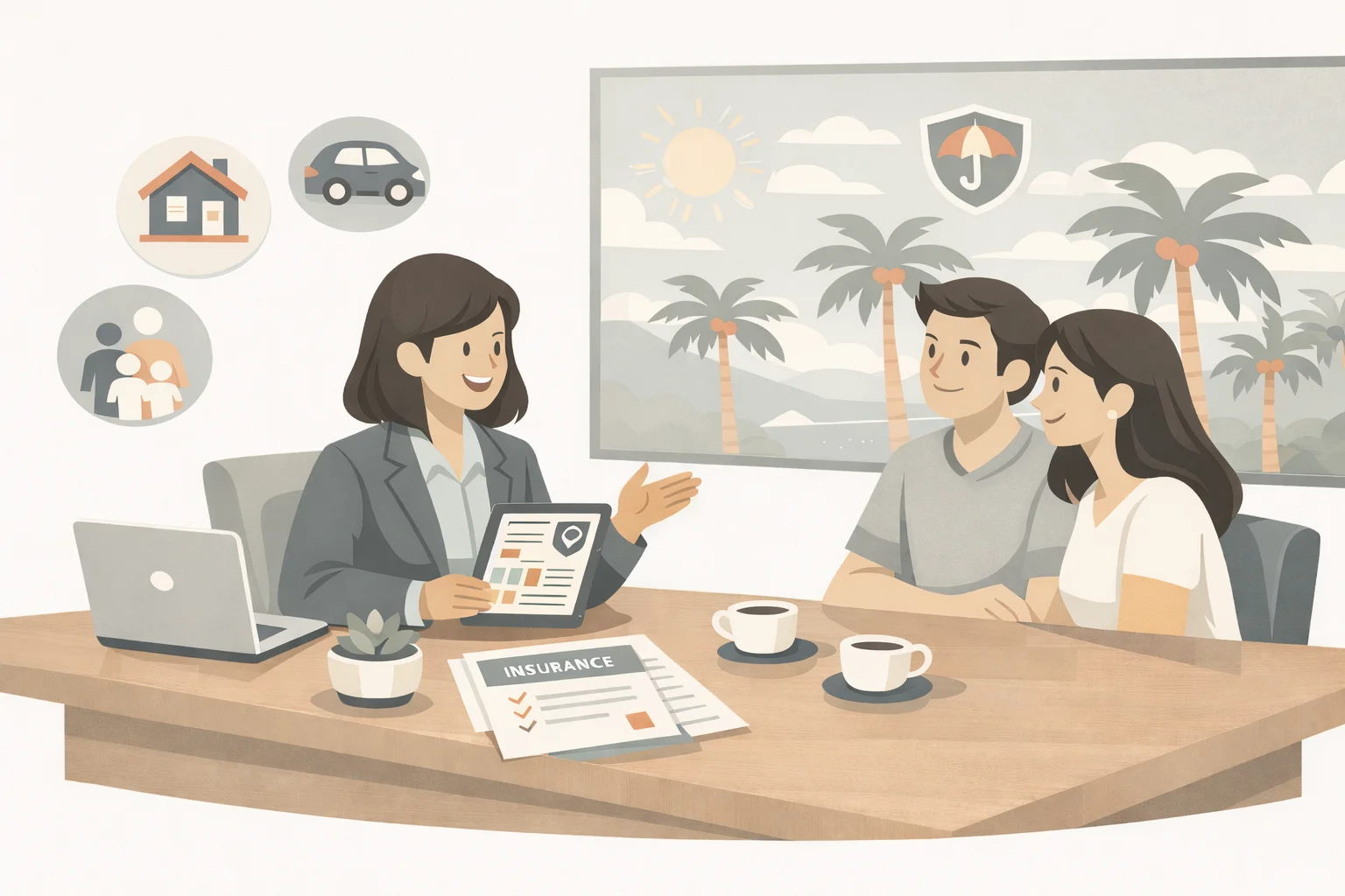 Insurance agent consulting with clients about coverage options in professional office setting